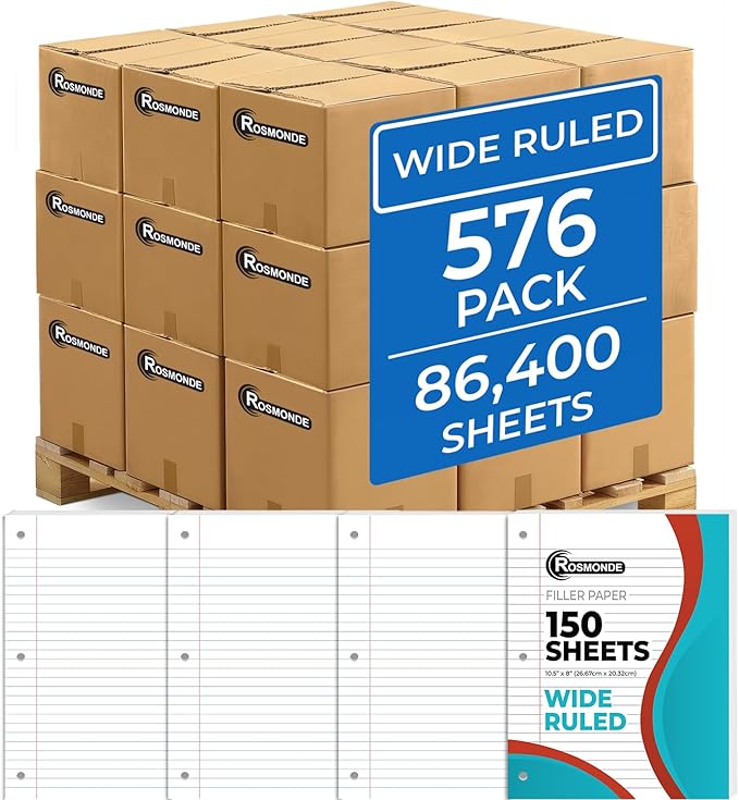 Rosmonde 576 Pack (Pallet) Loose Leaf Paper Bulk, 86400 Sheets, Wide Ruled, Pallet of Filler Paper, 150 Sheets/Pack, 8 x 10.5", Filler Notebook Paper, 3 Hole Punched, School & Office, 4-7 Days Transit