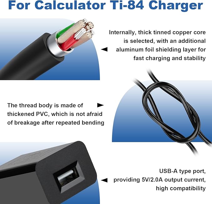 TI 84 Plus CE Charger with Cable: TI-84 Nspire Charging Cable - TI84 Graphing Calculator Charge Cord for Texas Instruments C Silver Edition Ti-nspire CX CAS II C TI-83 TI-85 TI-89 Charger (5ft)