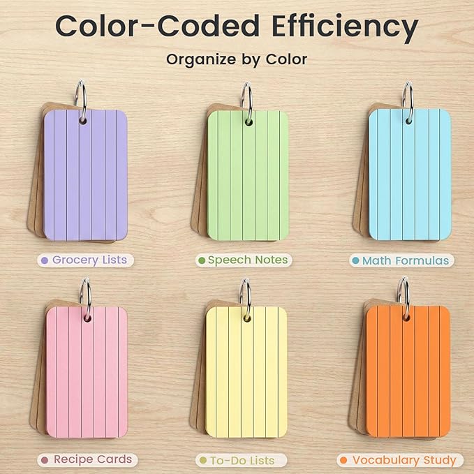 Koogel Colored Index Cards, 300 Count, 2.2 x 3.5 Inchs Flash Card Lined Ruled on Both Side, 6 Assorted Colors, Heavyweight Notecards for School Studying Learning College Office Home Taking Notes