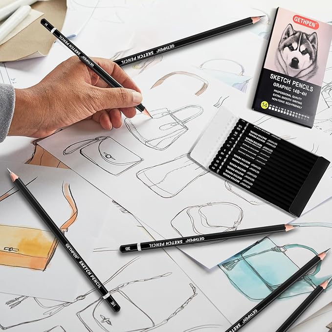 GETHPEN Professional Drawing Sketching Pencil Set - 14 Pieces Graphite Pencils(14B - 4H), Ideal for Drawing Art, Sketching, Shading, Artist Pencils for Beginners & Pro Artists