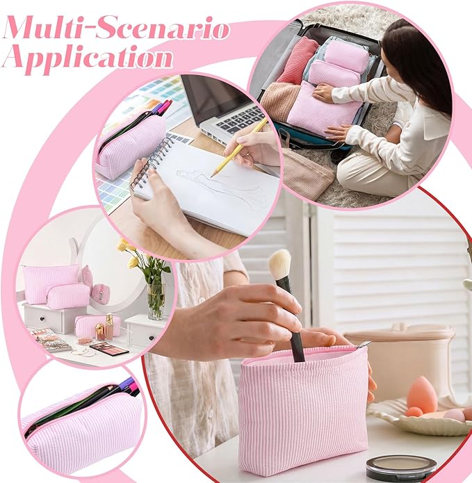 Huhumy 3 Pcs Makeup Bag Set Cute Stripe Cosmetic Pouch for Women Aesthetic Seersucker Travel Toiletry Bag Set Preppy Small Makeup Purse Pouch Cosmetic Organizer Pencil Case with Zipper(Pink)