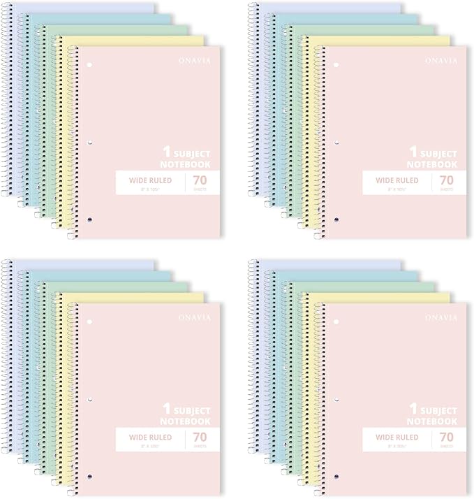 ONAVIA 1 Subject Spiral Notebook Wide Ruled Bulk, 140 Pages, Assorted | 70 Sheets, 7.5 x 10.5 in, 20 Pack School Notebooks, Wide Ruled Paper, Students, Classroom, Homework