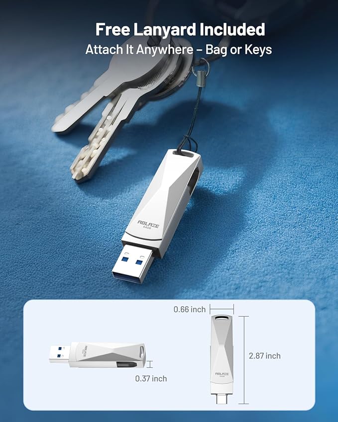 ABLAZE 64GB USB C Flash Drive, Dual USB 3.0+Type C Flash Drive Compatible with iPhone 16/15,Android Smartphone,Computer,Tablet Mac Laptop (Sliver)