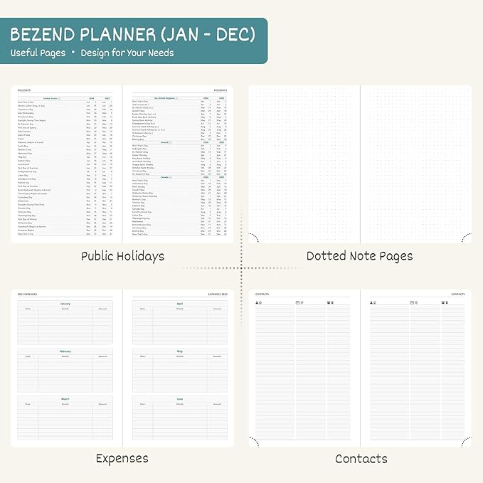 BEZEND 2026 Planner Weekly and Monthly (6" x 8.5") Daily Calendar with Hourly Timeslots & Tabs (Jan-Dec) Note & Expenses, Pen Holder, Inner Pocket, Vegan Leather Hardcover - Dark Green