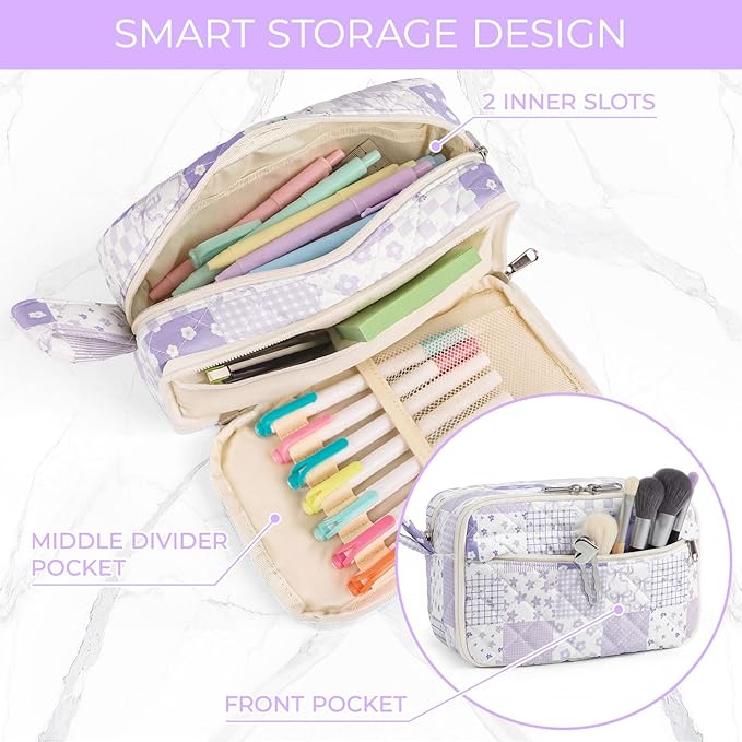 WOBAGMEN Quilted Pencil Pouch for Girls Women, Large Pencil Case Pouch with Compartments Cute Aesthetic Pencil Case Organizer, Floral Pencil Bag for School Supplies (Purple Checked Patchwoek)