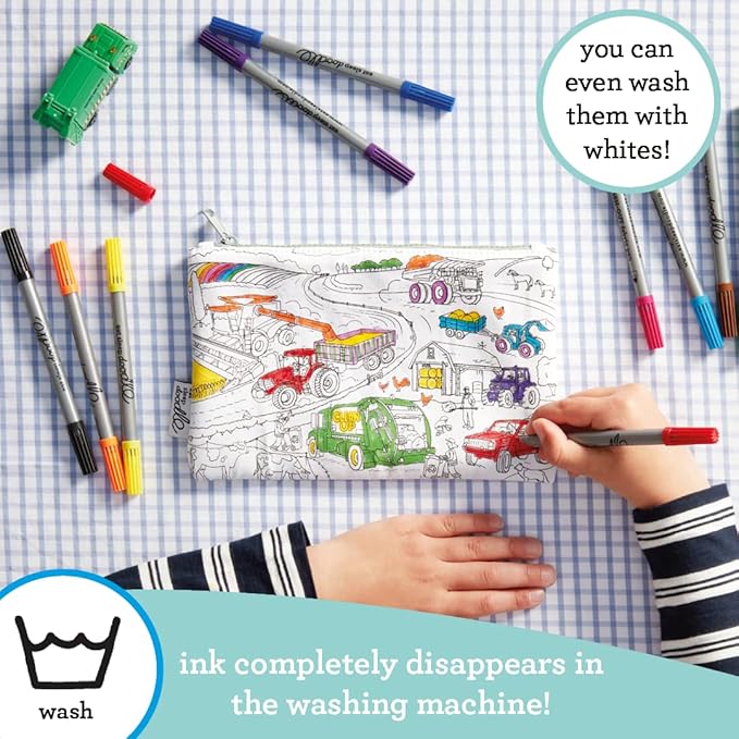 eatsleepdoodle DIY Coloring Cars & Tracktors Pencil Case for Kids with 10pcs Washable Markers, Reusable Art Supply Organizer, Fun Arts & Crafts Activity for Boys & Girls, Creative Gift Idea for Ages