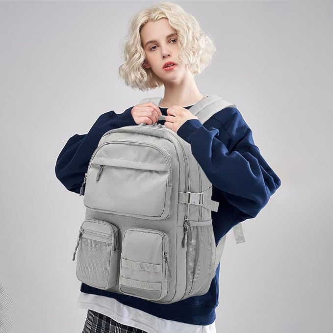 Lohol Water Resistant Backpack with Multifunctional Pockets for Teens, Durable Bookbag fits 15.6 inch Laptop for School Travel College, 25L (Grey)