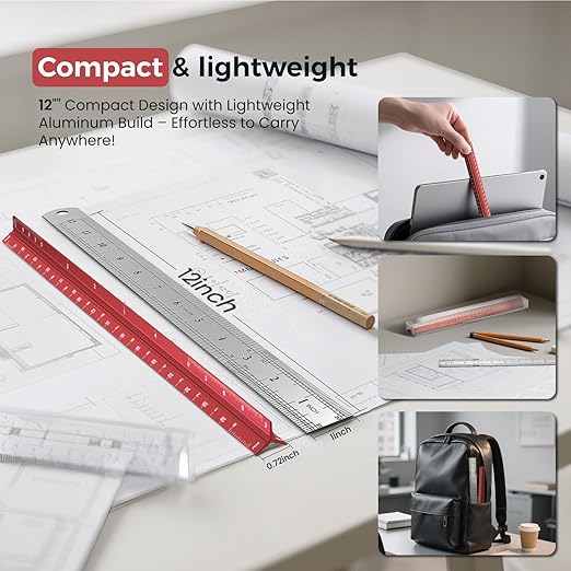 2 Pcs Architectural Scale Ruler 12 Inch, Aluminum Architect Ruler & Metal Ruler Set, Imperial Engineer Scale for Blueprints, Drafting Ruler for Architects, Students, Draftsmen, and Engineers (Red)
