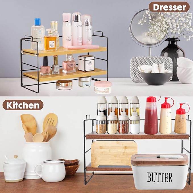 ShellKingdom Display Shelf for Figures, 2 Tier Desk Shelf Organizer, Desktop Shelves, Adjustable Bookshelf Storage Rack and Office Cubicle Decor for Tabletop, Office, Dorm (White Frame + Wood Board)