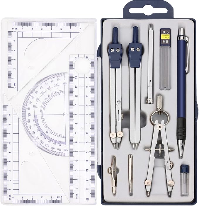 13 Pieces Geometry Set Compass Geometry Tools Math Compass and Protractors Set Metal Drawing Compass Precision Set Graphic Compasses Triangle Rulers Pencils Protractor with Storage Case