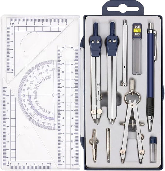 13 Pieces Geometry Set Compass Geometry Tools Math Compass and Protractors Set Metal Drawing Compass Precision Set Graphic Compasses Triangle Rulers Pencils Protractor with Storage Case