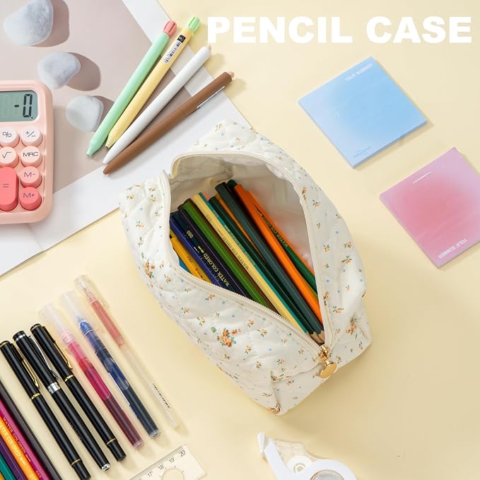 Makeup Bag Travel Toiletry Bag for Women, Small Cosmetic Bags Cute Quilted Cotton Makeup Pouch for Purse Emergency Bag Floral Pencil Case Accessory Bag, Orange Floral