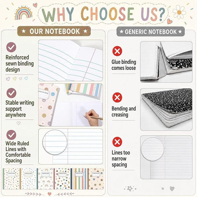 6 Pack Large Composition Notebooks Bulk 9.8 × 7.5 in Wide Ruled Hard Cover Composition Book Assorted Marble Journal College Ruled Paper for Adult Student College Office Back to School Supplies(Boho)