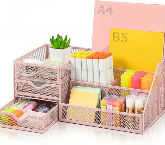 Lavatino Mesh Desk Organizer with 6 Compartments & 2 Drawers, Larger Multi-functional Desktop and Workspace Accessories Organizer for Office, Classroom, Dorm Supplies (Pink)