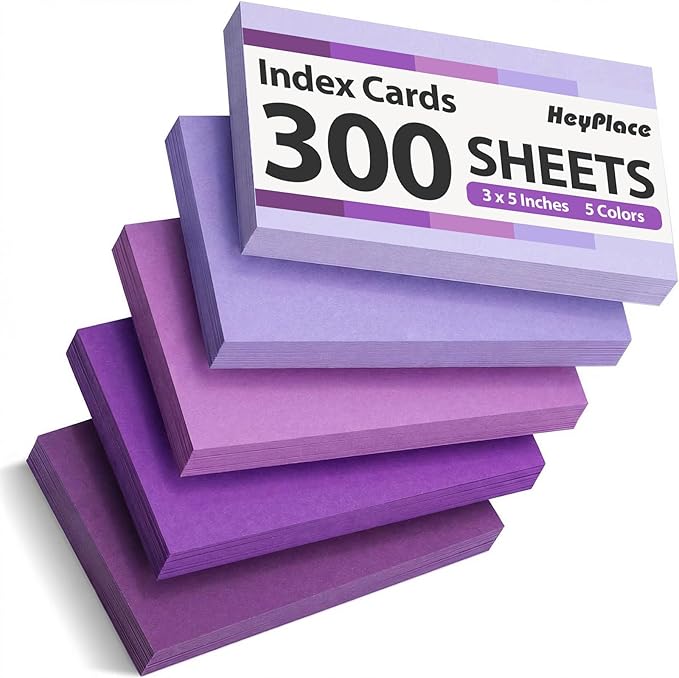 300 Count Index Cards 3 x 5 Inch, Purple Flash Cards for Studying, Cute Notecards for Home, Office, Recipe, School, College Supplies, To Do List, 5 Purple Colors