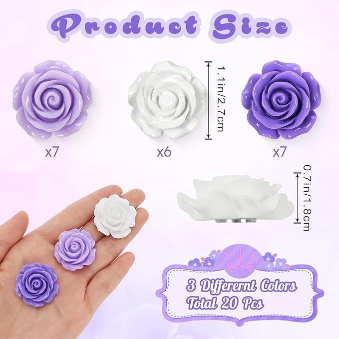 20 Pcs Rose Fridge Magnets, 1.1 Inch Cute Flower Fridge Magnets, 3D Colorful Refrigerator Decorative Magnet for Whiteboard Locker Cabinet (Purple-3 Colors-Rose)