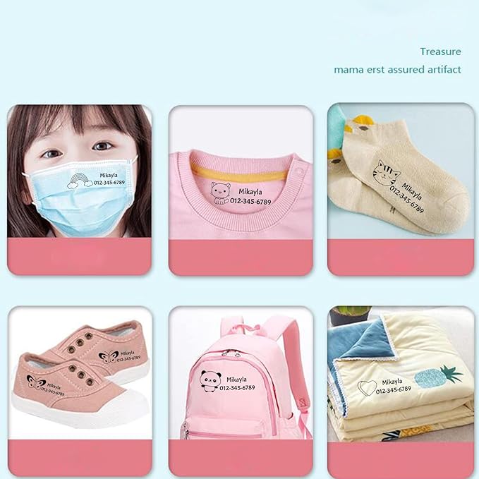 Cstmname Name Stamp for Clothing Kids, Waterproof, Double Sided Custom Name Stampfor Kids Clothes (White + Black Ink)