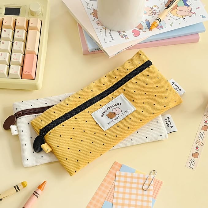 Monolike Happy and Lucky Candy Dot pen case, Yellow - Slim Corduroy Style Cotton Pen Pouch, Cute Aesthetic Pastel Stationery Organizer for Office