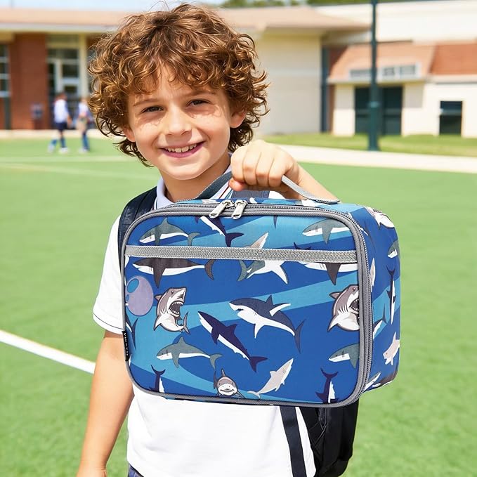 FlowFly Kids Lunch box Insulated Soft Bag Mini Cooler Back to School Thermal Meal Tote Kit for Girls, Boys, Shark