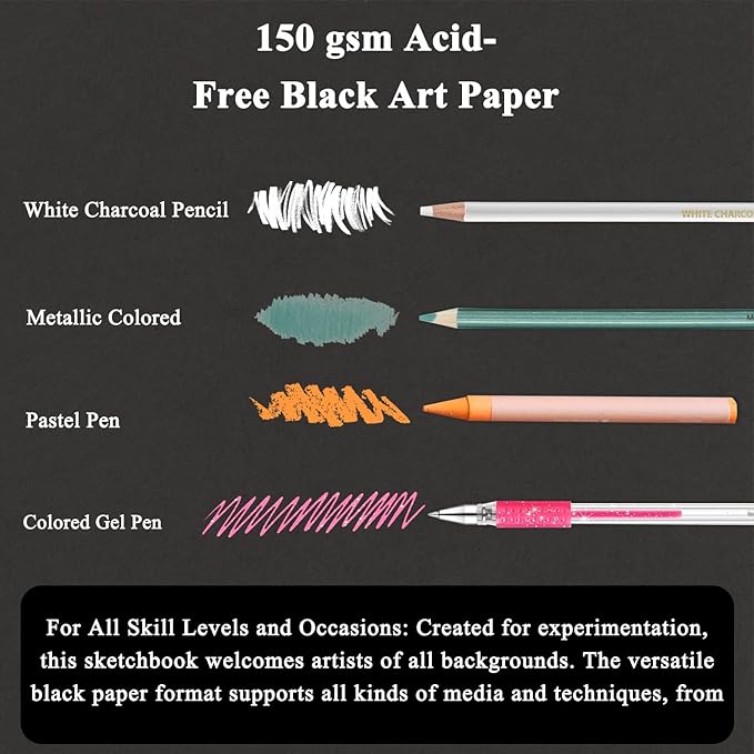 Fuxi Black Paper Sketchbook, 2-Pack - 5.5" x 8.5" | 90lb/150gsm Black Sketch Paper, 50 Sheets Per Pad
