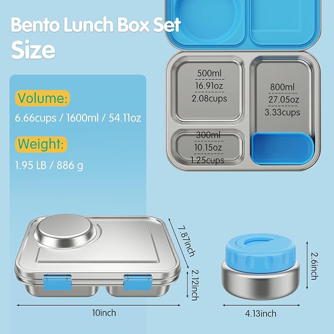 Stainless Steel Bento Box Kids Adult with 8oz Soup Thermo, 3 Compartments Metal Bento Lunch Box with Insulated Food Jar,Lunch Box Container Sauce Cup for School,BPA-Free(Blue)