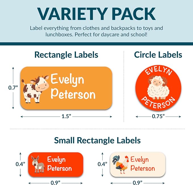 Personalized Waterproof Name Labels for Kids | Optional Packs 50, 150, 230 Labels | Custom Name Stickers for Kids' Clothing Tag, Water Bottle, Lunch Box, Customize Kid Name Label for Daycare Farm