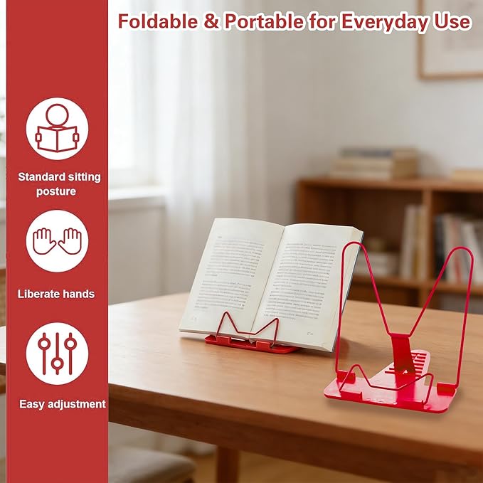 Metal Book Stand for Reading & Desk Use, Book Holder for Cookbooks, Textbooks, Flat Panel & Mobile Phone, Multi-Purpose Reading Stand for Students & Study (Red)