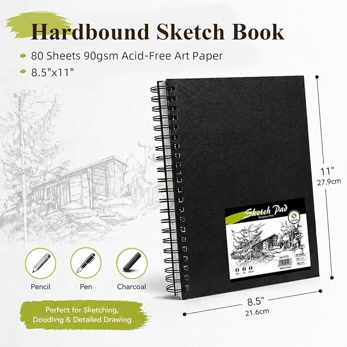 Conda 8.5"x11" Hardbound Sketch Book, 80-Sheets 90gsm Double-Sided Hardcover Sketchbook, Spiral Sketch Pad, Durable Acid Free Drawing Art Paper for Adults
