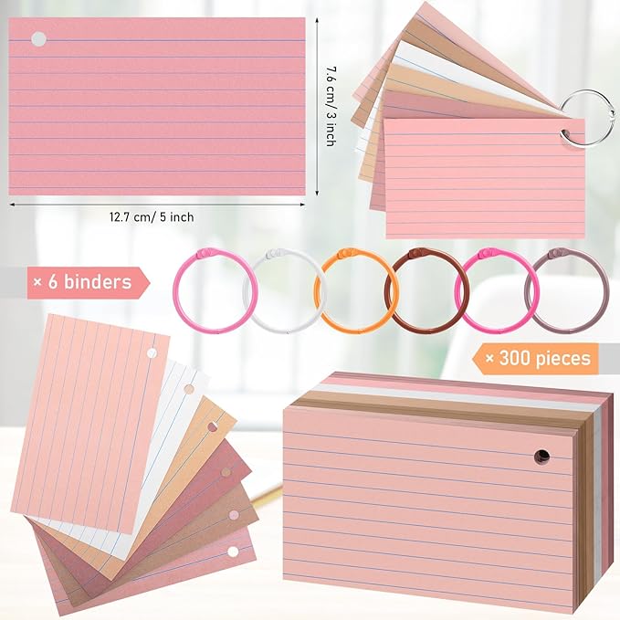 Leelosp 300 Pcs Colored Ruled Index Cards with 6 Rings 180 Gsm Thick Neon Color Study Flash Cards Single Hole Punched Lined Flashcards Studying Notecards One Side for Study(3 x 5 in,Yellow Series)