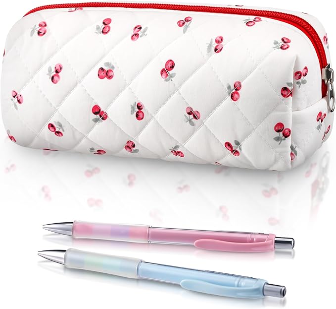 Sherr Cherry Pencil Case Cute Pencil Pouch Soft Cotton Quilted Storage Bag Aesthetic Pattern Gift Makeup Pouch Cosmetic Travel Bag for Women