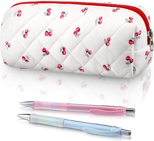 Sherr Cherry Pencil Case Cute Pencil Pouch Soft Cotton Quilted Storage Bag Aesthetic Pattern Gift Makeup Pouch Cosmetic Travel Bag for Women