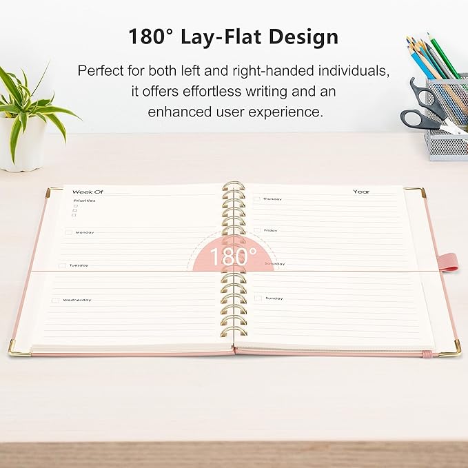 RETTACY Undated Planner, Weekly and Monthly, 53 Weeks and 12 Months, Medium Size (5.7" x 8.3"), 24 Self-adhesive Monthly Tabs, Hardcover, 100 GSM Thick Paper, Spiral-bound (Pink)