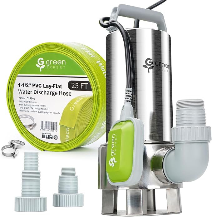 Green Expert 1.5HP Submersible Sump Pump Kit with 25 ft Lay-Flat Discharge Hose, 6000 GPH 304 Stainless Steel Water Removal Pump with Tethered Float Switch for Basement, Sump Pit & Pool Drainage