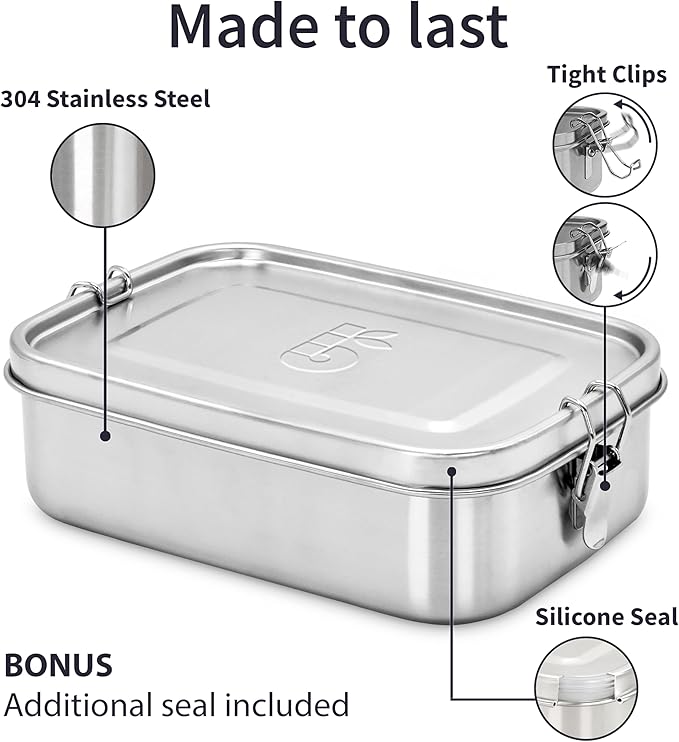 Bambaw Stainless Steel Lunch Box 40 oz, Metal Lunch Box with Adjustable Compartment, Leakproof Stainless Steel Bento, Food Grade Metal Sandwich Container