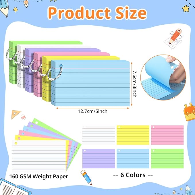 Index Cards 3x5 Inches, 600 PCS, Colored Flash Cards With Ring, Punched Lined Study Card Ruled Flashcards Notecards, Ruled Front And Blank Back, Note Card for School, College And Home