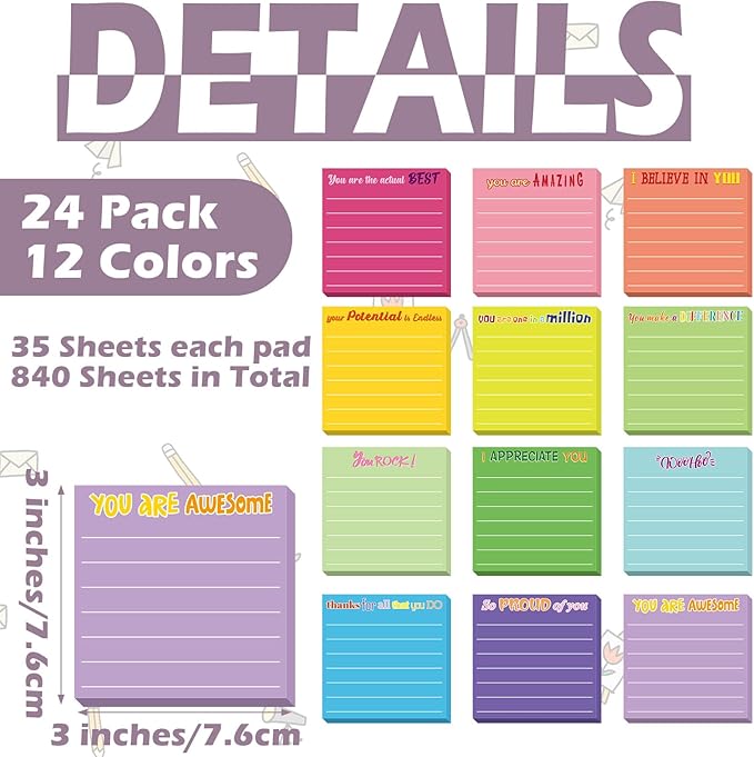 Yinder 12 Pcs Inspirational Sticky Notes Cute Motivational Sticky Notes Pad End of Year Employee Appreciation Gifts Bulk for Teacher Nurse Coworkers Office Supplies 3 x 3''(Appreciation,Classic Color)