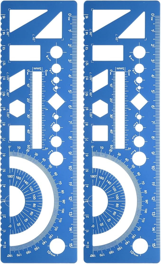 HARFINGTON 2pcs Multifunctional Geometric Rulers 15cm Metric and SAE Aluminum Straight Edge Protractor Angle Math Measuring Rulers Geometric Drawings Templates for Drawing Drafting, Blue