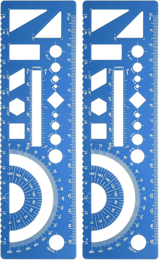 HARFINGTON 2pcs Multifunctional Geometric Rulers 15cm Metric and SAE Aluminum Straight Edge Protractor Angle Math Measuring Rulers Geometric Drawings Templates for Drawing Drafting, Blue