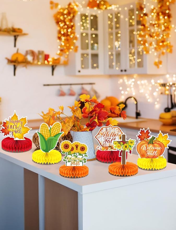 Fall Table Decorations - 9Pcs Fall Centerpieces for Tables Autumn Honeycomb Centerpieces 3D Pumpkin Maple Leaf Table Topper for Friendsgiving Harvest Birthday Thanksgiving Party Decorations