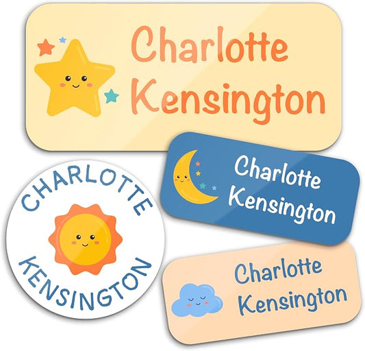 Personalized Waterproof Name Labels for Kids | Optional Packs 50, 150, 230 Labels | Custom Name Stickers for Kids' Clothing Tag, Water Bottle, Lunch Box, Customize Kid Name Label for Daycare Sky