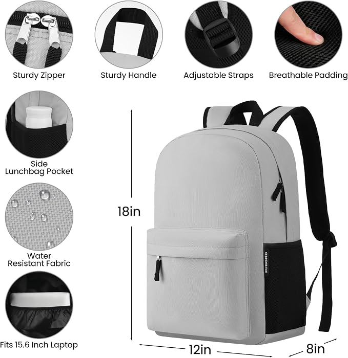 ZUBOND Unisex Grey Backpack for School & Travel - Lightweight Laptop Backpack Fits 15.6 Inch Notebook, Water Bottle Pocket - Ideal for Teens, College Students, Adults