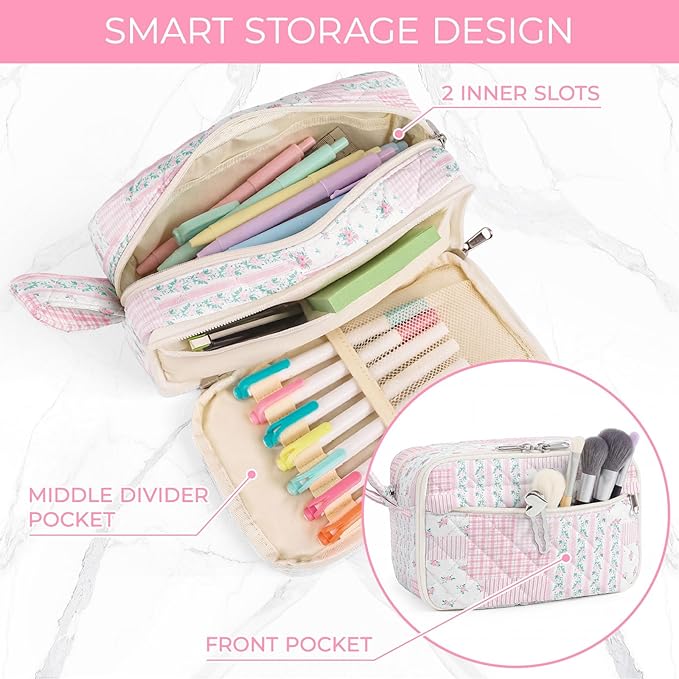 WOBAGMEN Quilted Pencil Pouch for Girls Women, Large Pencil Case Pouch with Compartments Cute Aesthetic Pencil Case Organizer, Floral Pencil Bag for School Supplies (Pink Floral pin)