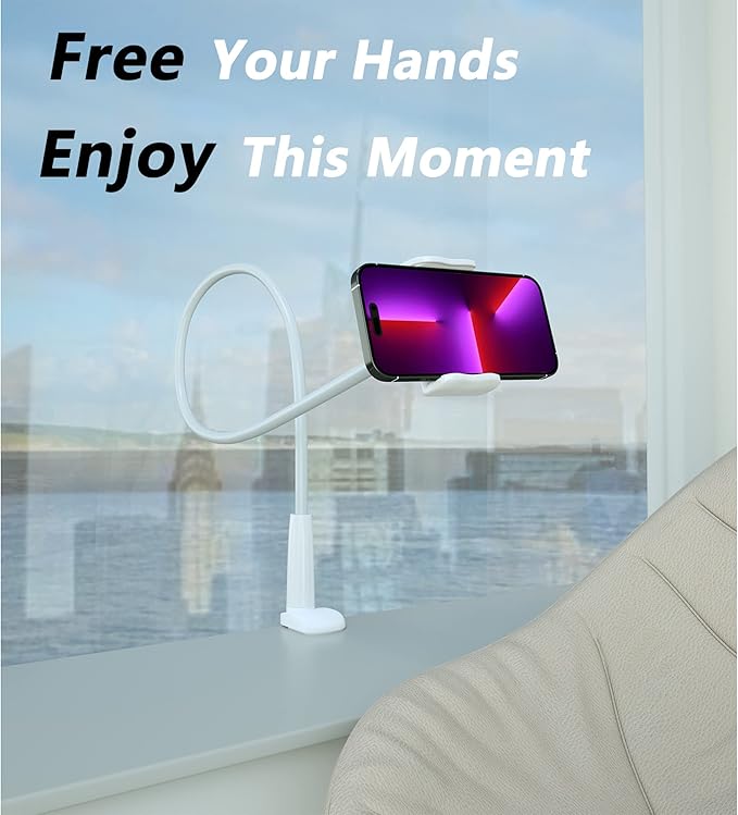 MAGIPEA Cell Phone Clip Bed Stand Holder, with Grip Flexible Long Arm Gooseneck Bracket Mount Clamp for Desk, Compatible with iPhone 14 Pro Max XR X 8 7 6 or Other 3.5-7" Devices (White)