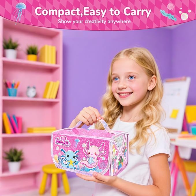 Axolotl Arts and Crafts for Girls Ages 4-5-6-7-8, 70 PCS Art Supplies Set with Kawaii 3D Pink Pencil Case, Washable Dual Markers, Scented Gel Pens, Twist-up Crayons & Axolotl Stickers, Birthday Gift