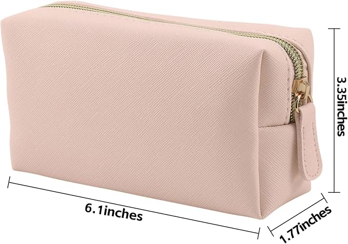 Leather Makeup Bag for Purse Travel, Portable Small Cosmetic Organizer for Women and Girls, Make up Bag with Zipper