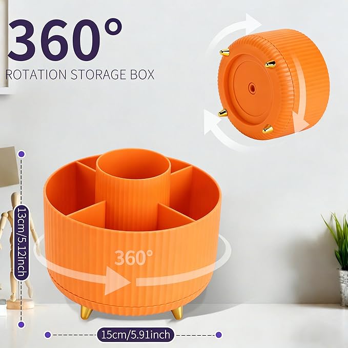 Camelmother Pen Holder For Desk With 5 Slots 360°Rotating Pencil Holder Makeup Organiezr Teacher Supplies Office decor (orange)