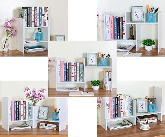 PAG Adjustable Desktop Shelf Wood Small Bookshelf Desk Supplies Organizers and Accessories Storage Display Rack Office Decor, White