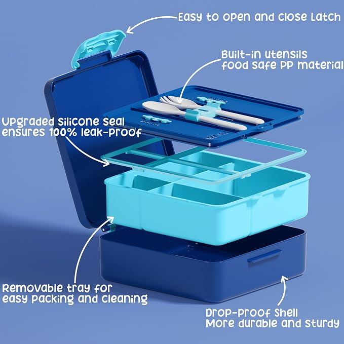 Fimibuke Bento Lunch Box for Kids, Toddler Bento Box with 4 Compartments | Leak Proof BPA Free Dishwasher Safe Lunch Container with Utensils, Ideal Portion Sizes for Ages 3-12 Girls Boys for School