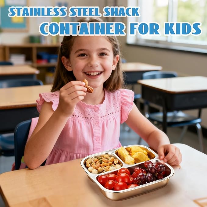 2 Pack Stainless Steel Snack Containers, 3 Compartments Reusable on the go Bento Box with Lids for Kids, Toddler Lunch Box Containers Pre Meal Storage for Daycare School Camping - White Blue
