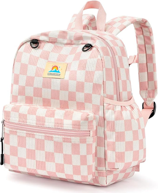 STEAMEDBUN Corduroy Toddler Backpack for Girls 2-4: Kids backpack for Boys Girls - 12 inch Preschool Kindergarten Backpacks - Checkerboard